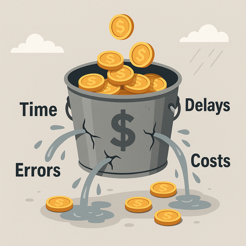 Leaky bucket: “Leaky bucket with coins escaping through cracks labelled Time, Errors, Delays, and Costs — the hidden drains on business profits.”