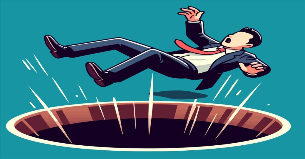 Illustration of a businessman falling into a hole, symbolizing ERP pitfalls and poor system fit.