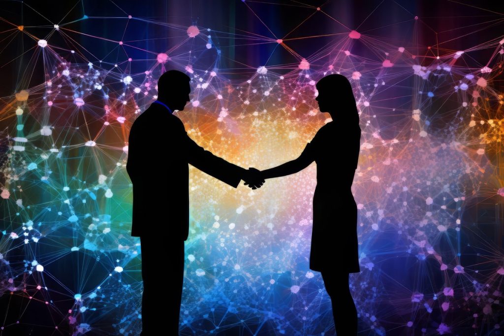 Silhouetted business handshake against a digital network background, symbolising global trust and partnerships.