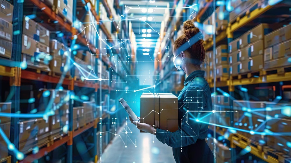 Warehouse with digital flow overlay symbolising ERP inventory and fulfilment.