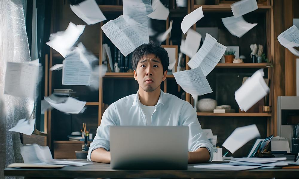 Stressed employee surrounded by flying documents, illustrating ERP data entry confusion.