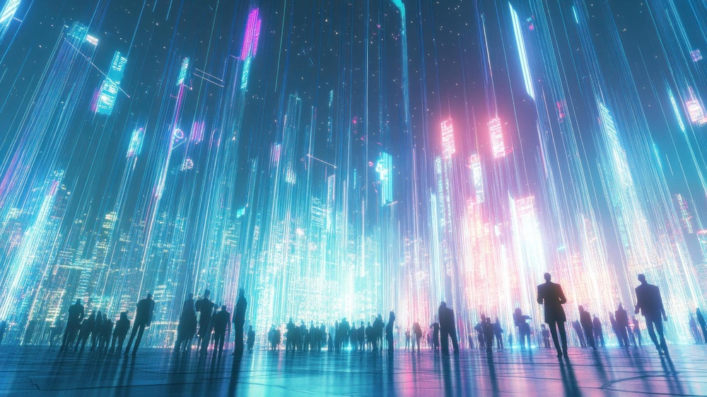 Futuristic digital cityscape with silhouettes of people, symbolising SME evolution and the future of digital transformation.